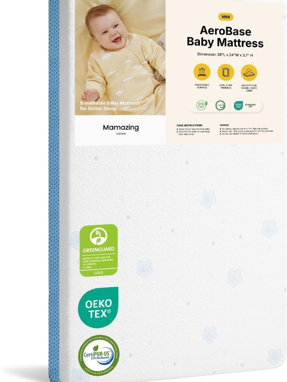 AeroBase Baby Mattress — White with Blue Trim